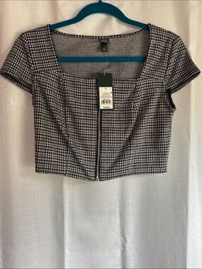 Wild Fable Black & White Plaid Zip-Front Crop Top